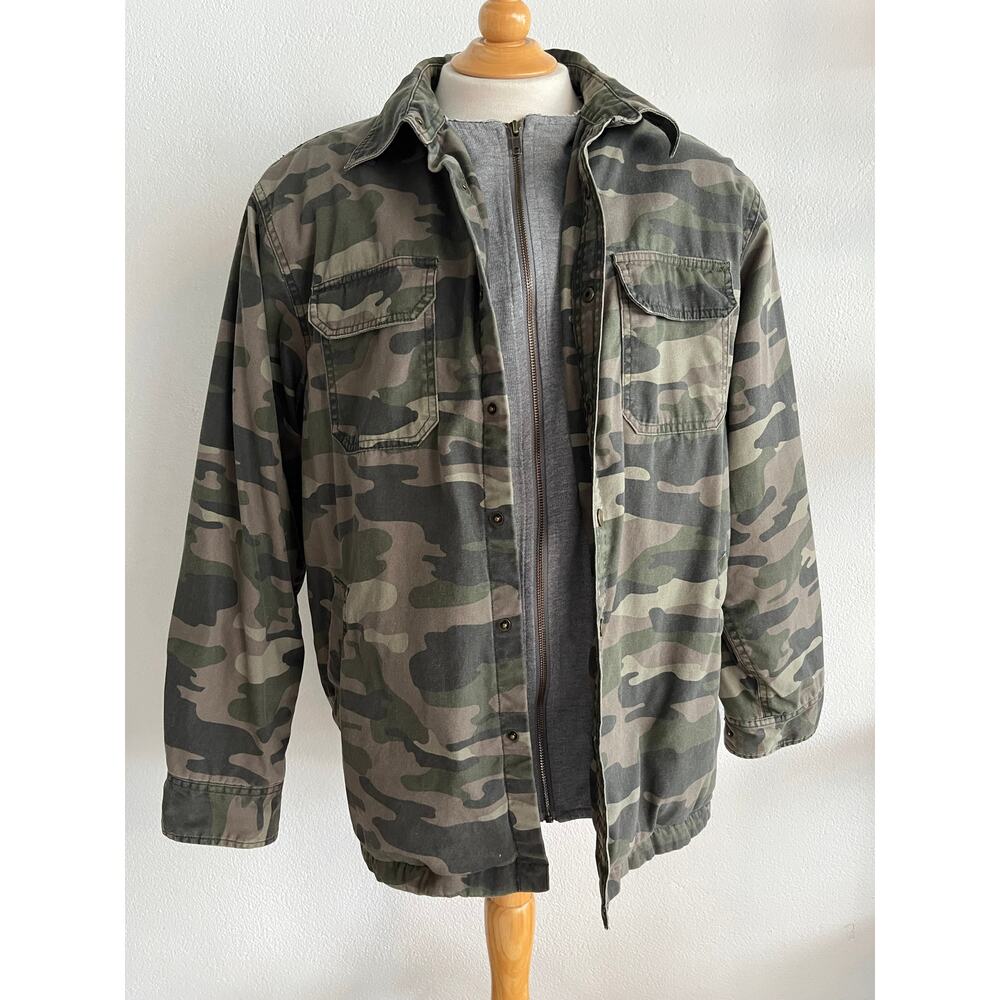 Men's Faded Glory Camo Button Down Jacket Sz 42/44 Green Brown Hood Been Removed